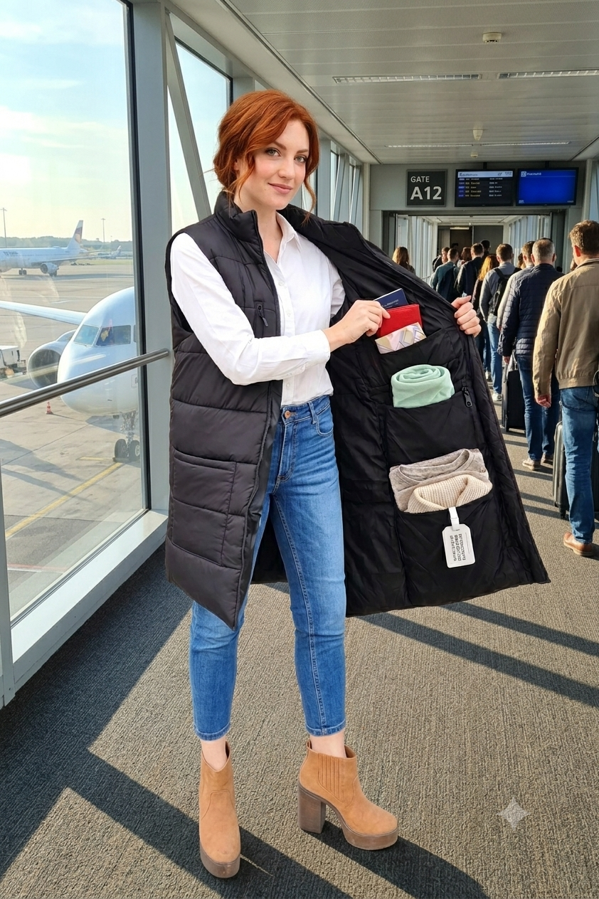 Mujer con chaleco SIN MALETA en el aeropuerto mostrando bolsillos internos llenos de ropa
